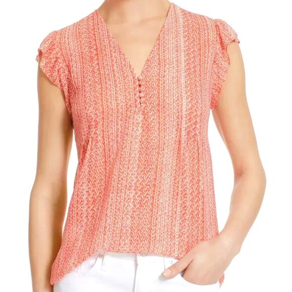 JOIE Macy B Silk Button Front V Neck Blouse Short Flutter Sleeve Top Coral XS - Picture 1 of 13